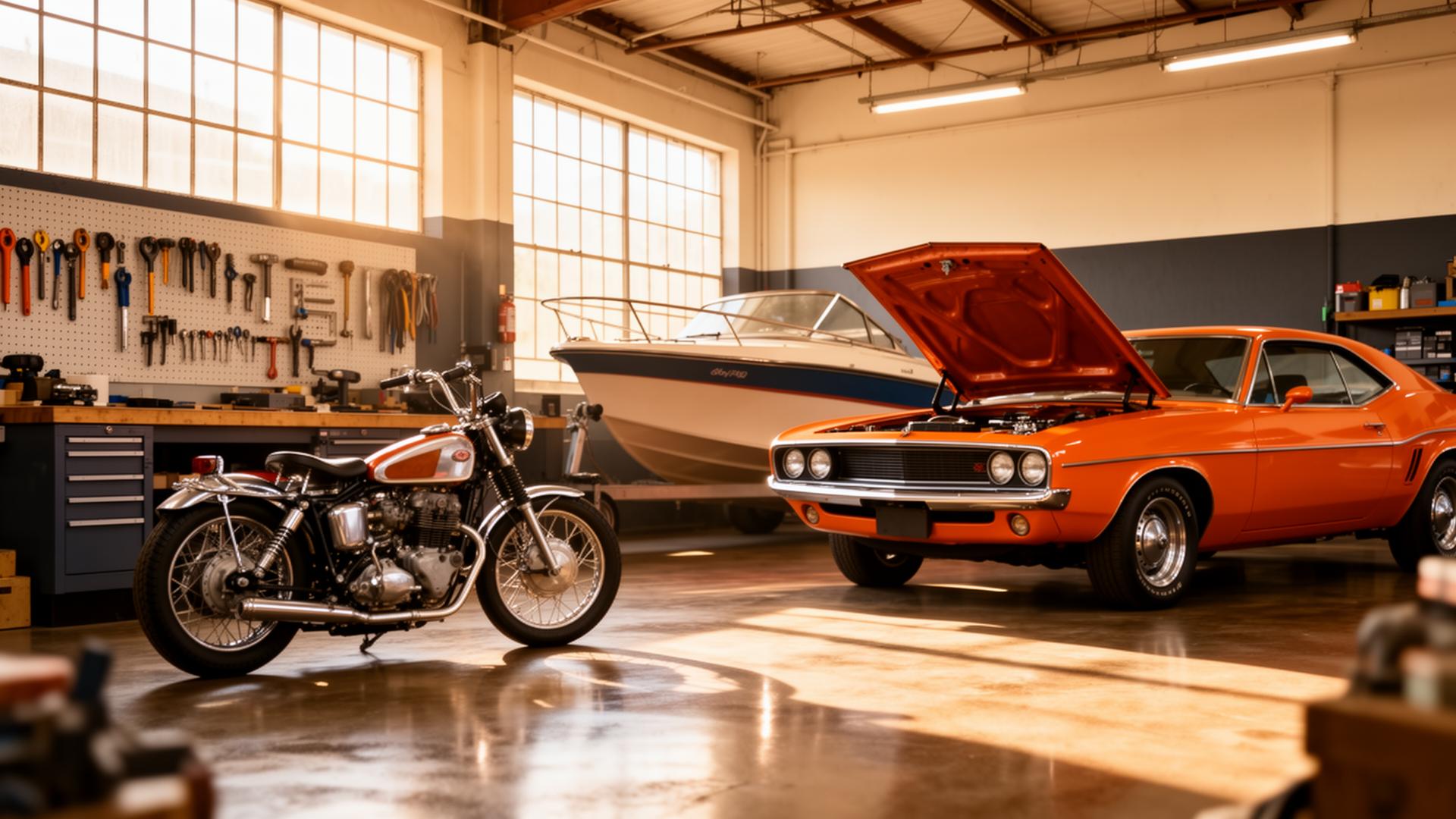 A bright garage with motorcycle, classic car and boat